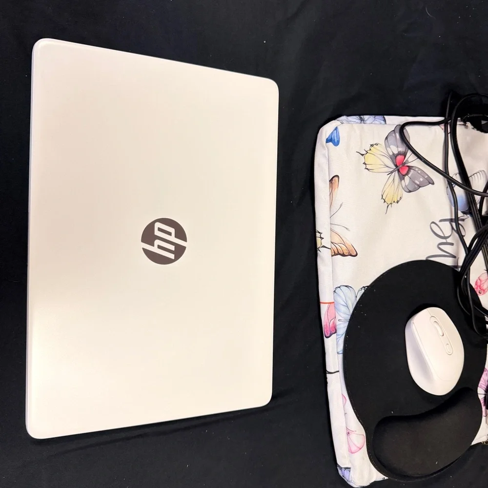 HP White Laptop with Butterfly Print Sleeve and White Wireless Mouse
